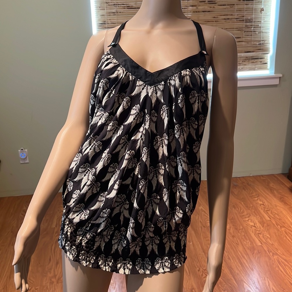 Silk With Crystal Buttons Angel Wing Design Print Racerback Blouse Size L